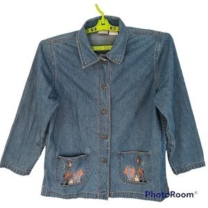 BLAIR vintage animal theme embroidered denim shirt novelty print plus size M.
